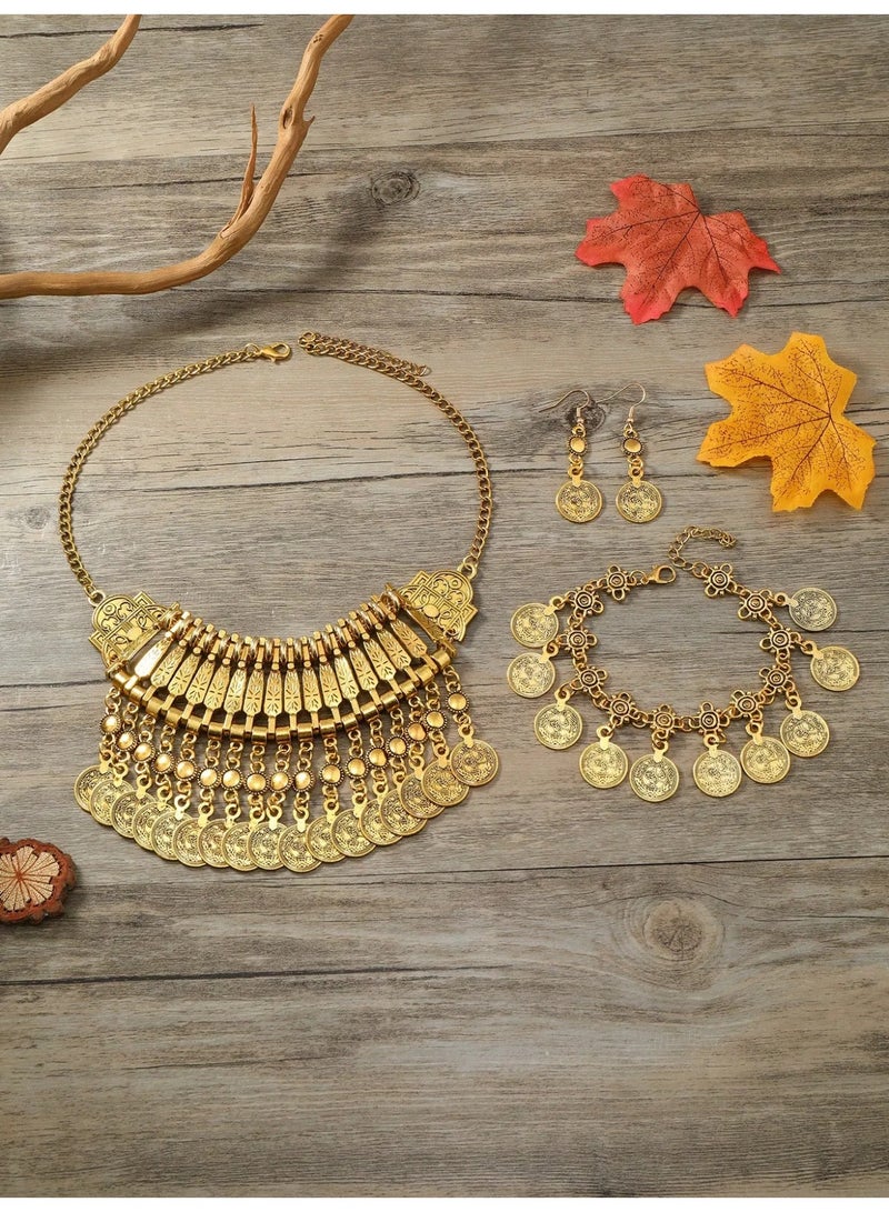 Saudi Founding Day Luxury Antique Gold-Tone Jewelry Set (Necklace, Bracelet & Earrings) – Elegant Traditional Accessories for a Premium Heritage-Inspired Look - Image 3